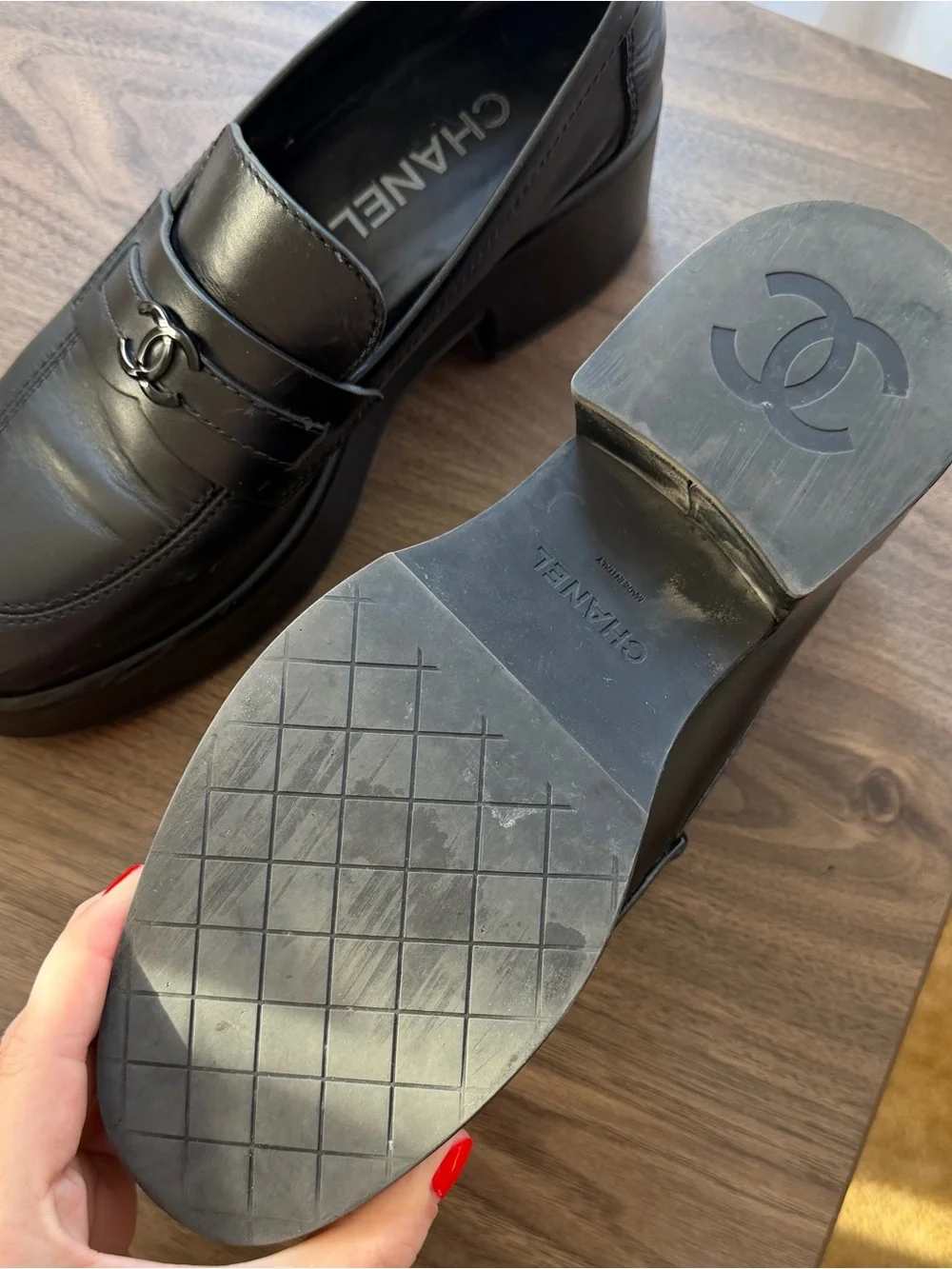 CHANEL Black Leather Platform Penny Loafers